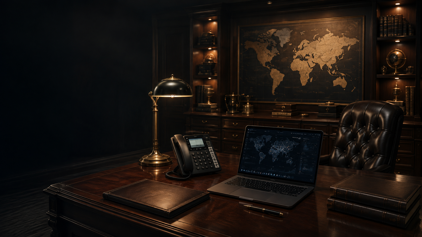 A dark wood-paneled office desk with a lamp, telephone and laptop showing a world map