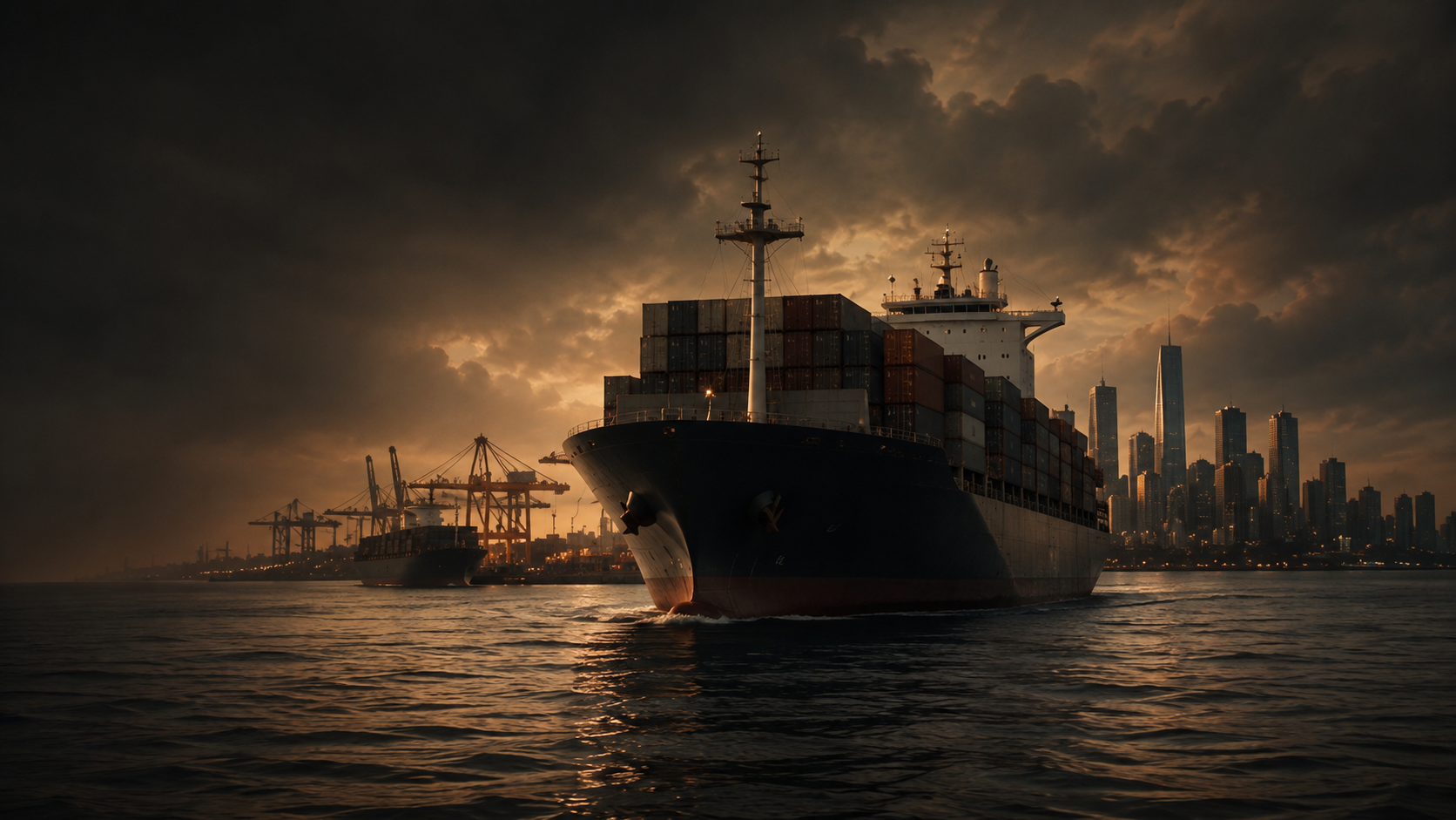 Container ship arriving at a Hong Kong port at dusk