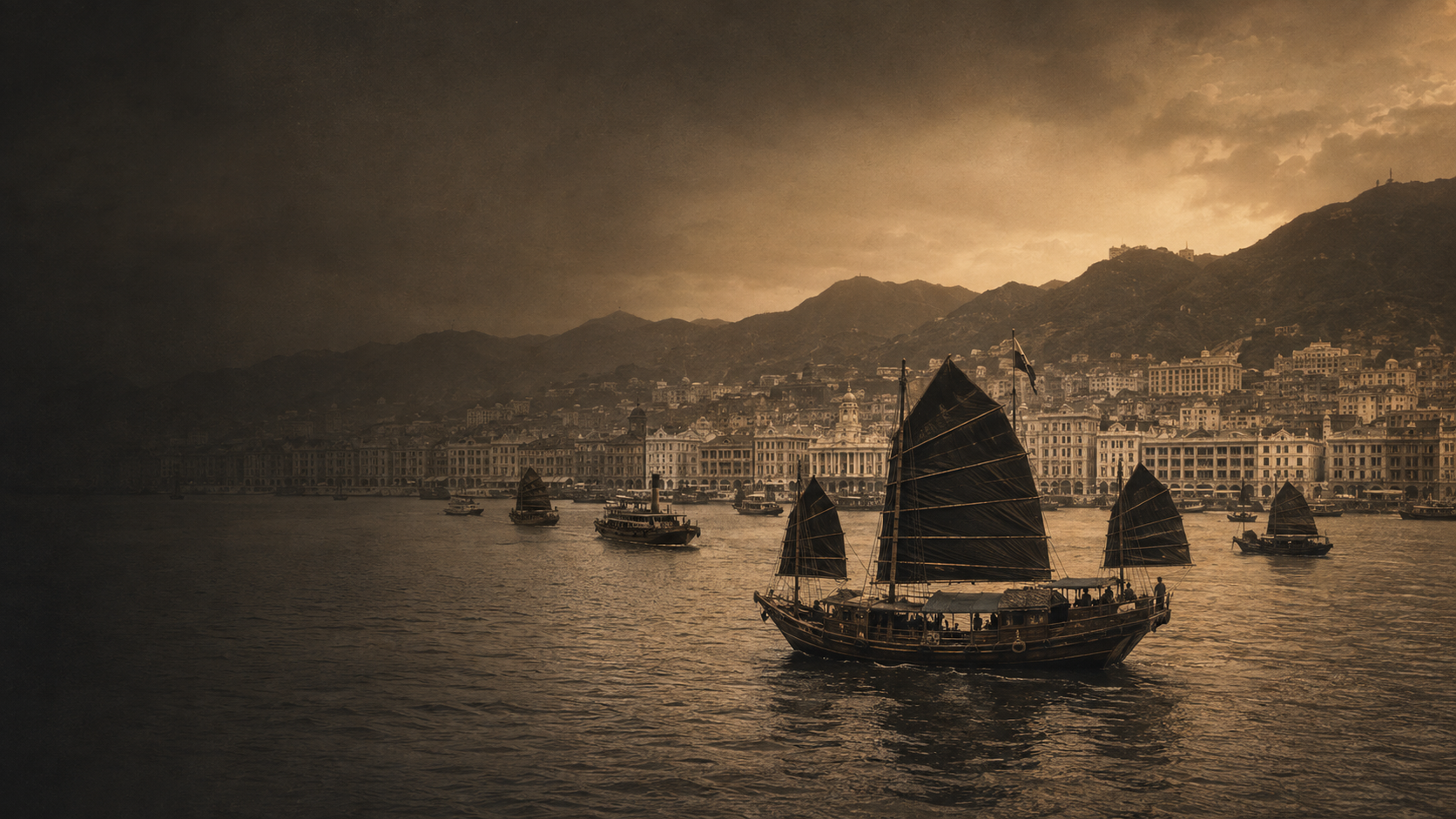 Hong Kong harbor at sunset with traditional junk boats