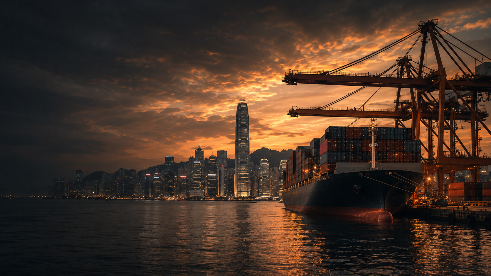 Container ship loading at a Hong Kong port at sunset